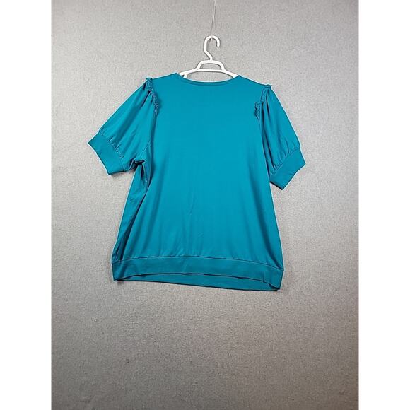 Torrid Turquoise SS Lace Trim Round Neck Banded Blouse Women's Plus 3X Stretch - Picture 6 of 12